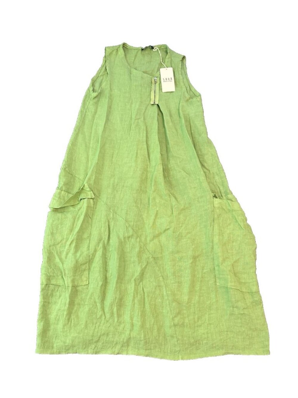 Saga Italy 100% Linen Sleeveless Dress M Lime Green Lagenlook Midi Resort NWT